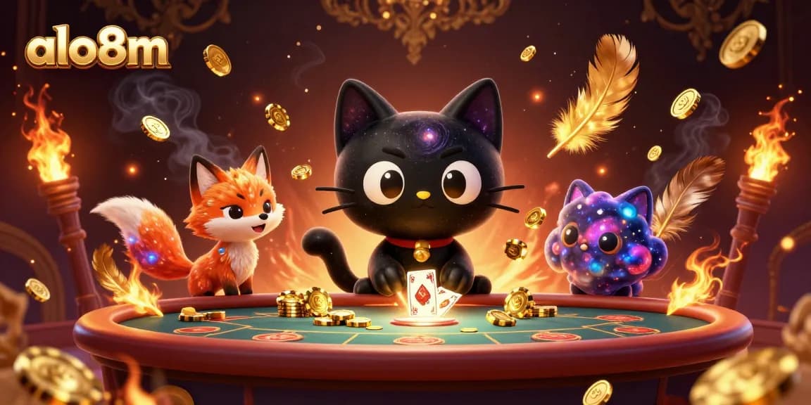 Engage with the alo8m cosmic casino, where a black hole cat draws in golden chips and cards at a vibrant table.