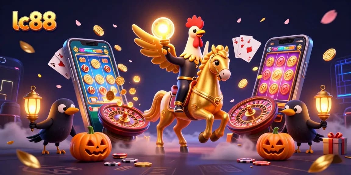Win big with lc88's colorful casino illustration featuring dynamic characters and gaming elements.