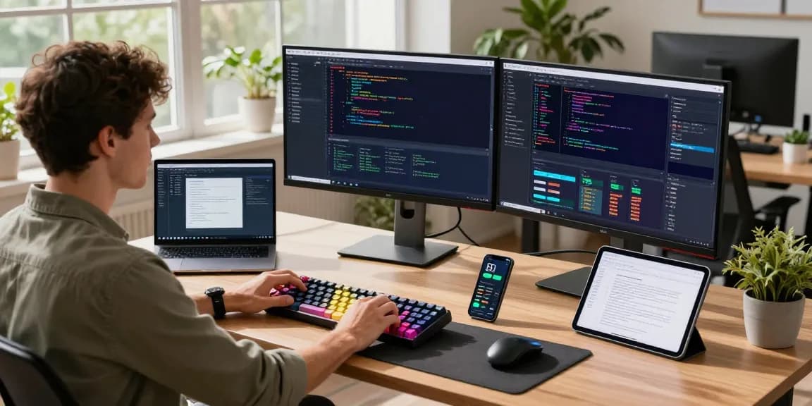 快连 developer in a modern workspace with multiple monitors coding and optimizing network solutions in a bright atmosphere.