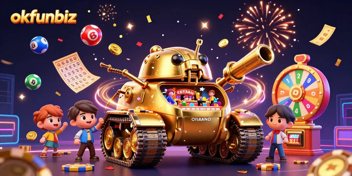Engage with the magical world of okfunbiz, featuring a vibrant casino scene filled with lottery balls and confetti.
