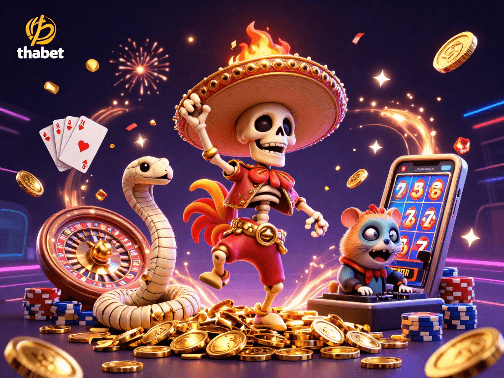 Engage with thrilling gaming at thabet, featuring a lively 3D scene of unique characters amidst a sparkling casino.