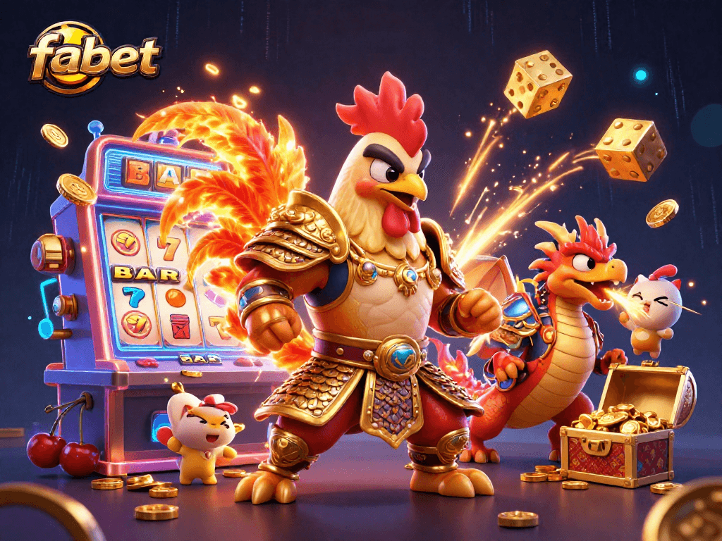 Witness fabet's vibrant gaming scene with a fierce rooster warrior and an armored dragon in an explosive jackpot moment.