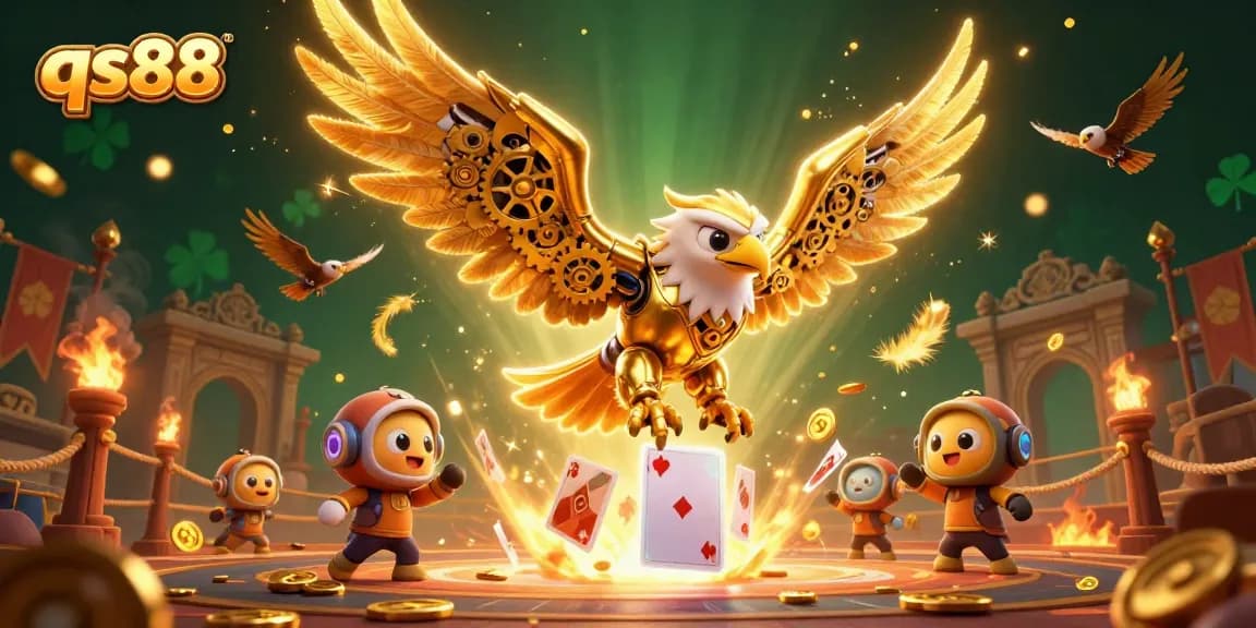 qs88 features a cybernetic golden eagle soaring through holographic cards while collecting tokens in a vibrant casino scene.