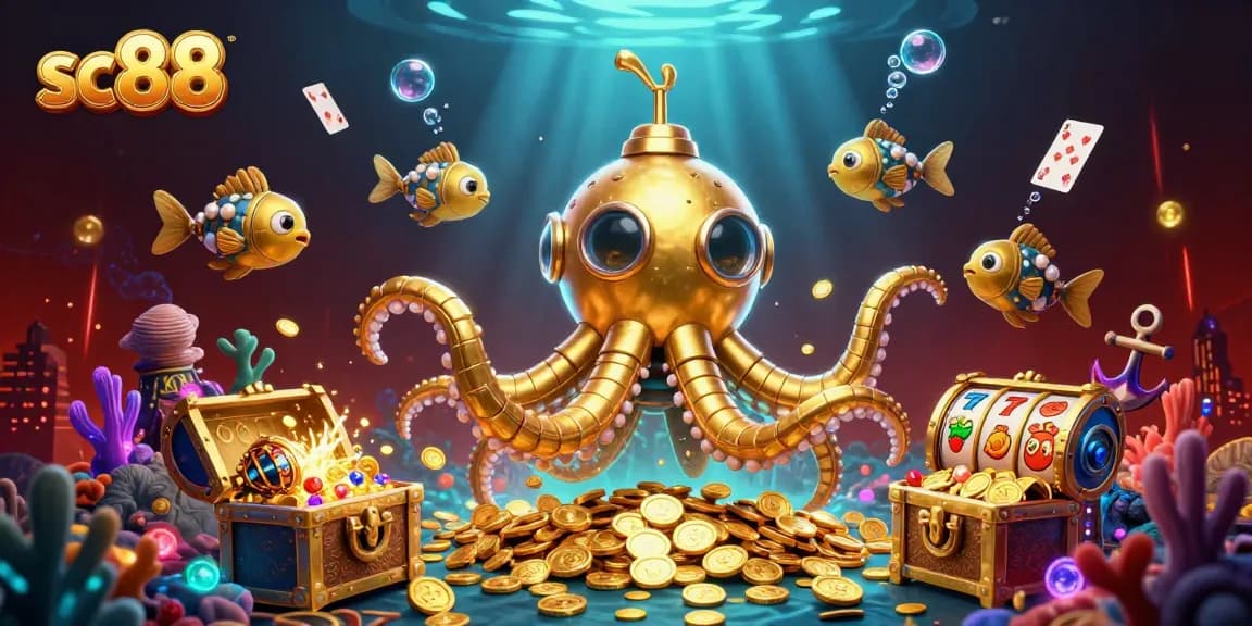 Bet big with sc88 in this vibrant underwater casino adventure illustration.