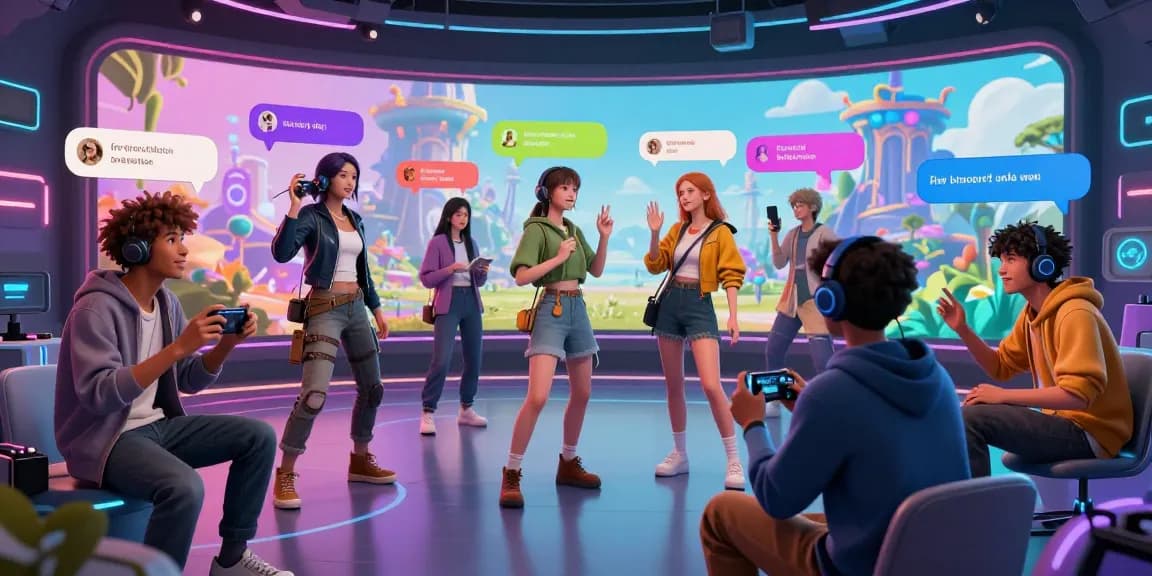 Engaging scene of users interacting with NSFW character AI avatars in a vibrant virtual gaming space.
