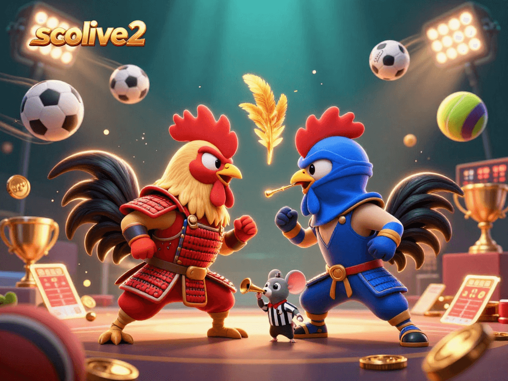 Socolive2 showcases dynamic fighting roosters in a vibrant gaming scene featuring sports elements.