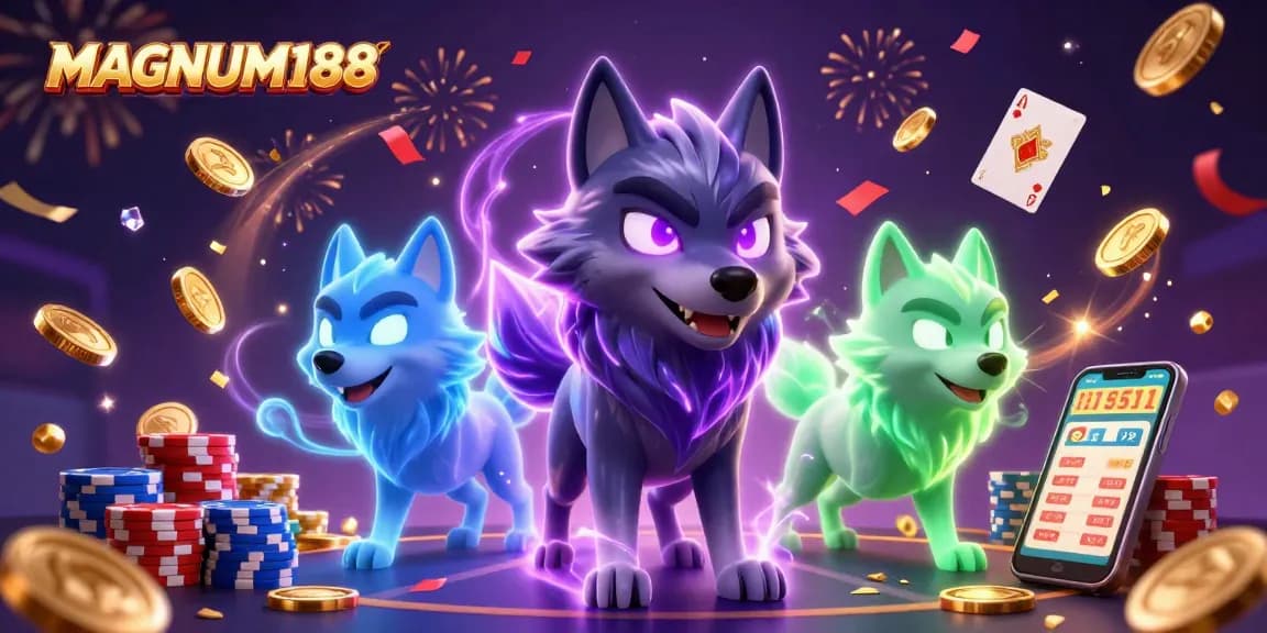 Experience the thrill of sports betting with MAGNUM188 featuring vibrant gaming elements and dynamic wolves.