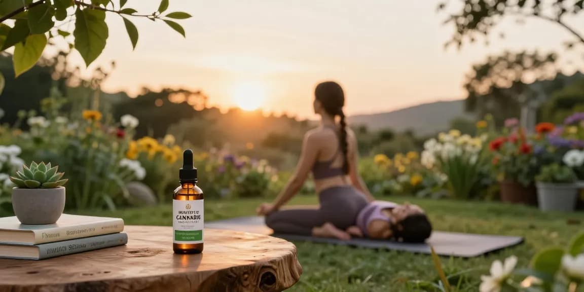 Ministry of Cannabis CBD oil alongside yoga essentials in a serene outdoor setting, highlighting natural wellness and relaxation.