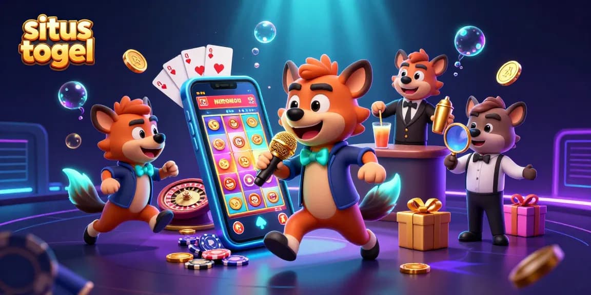 situs togel in a vibrant casino scene featuring hyenas as comedian, bartender, and bouncer, with colorful slots and prizes.