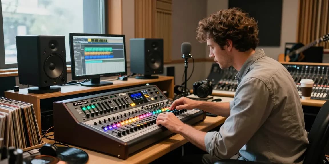 Tascam DA88 digital multitrack recorder in a vintage music studio, sound engineer adjusting audio levels.
