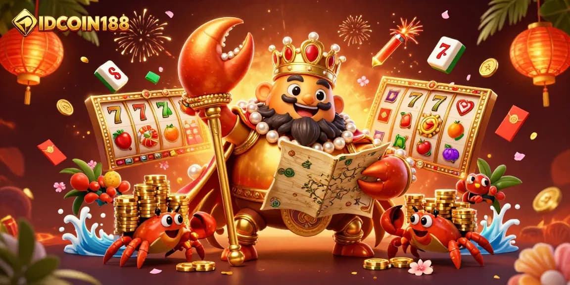 Experience IDCOIN188's vibrant slot gaming with a golden crab emperor and rich casino elements!