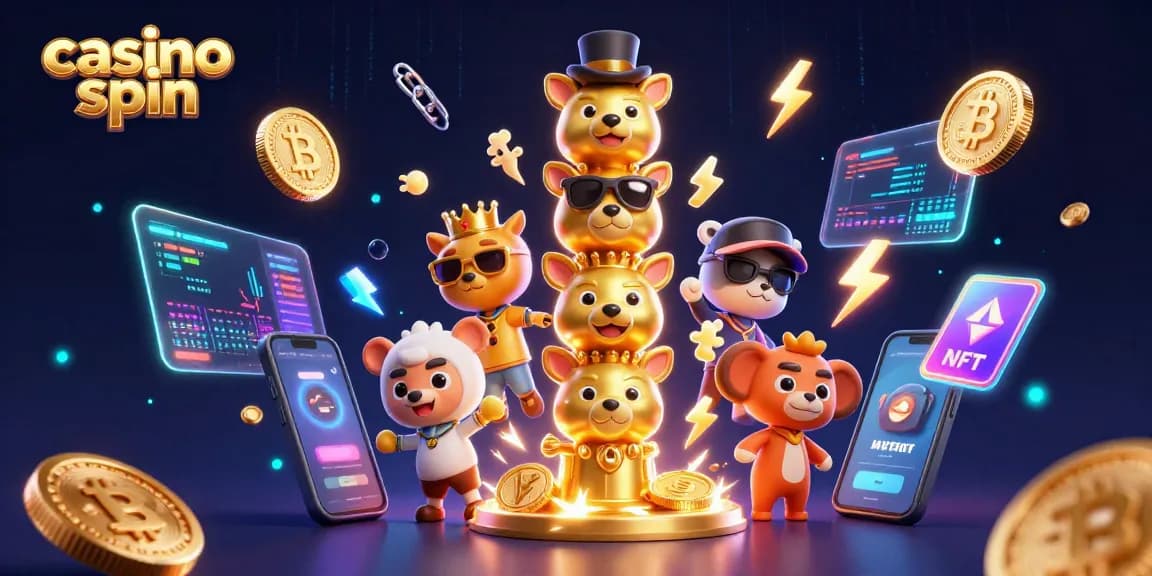 Experience casino spin excitement with vibrant animations of characters and crypto elements.