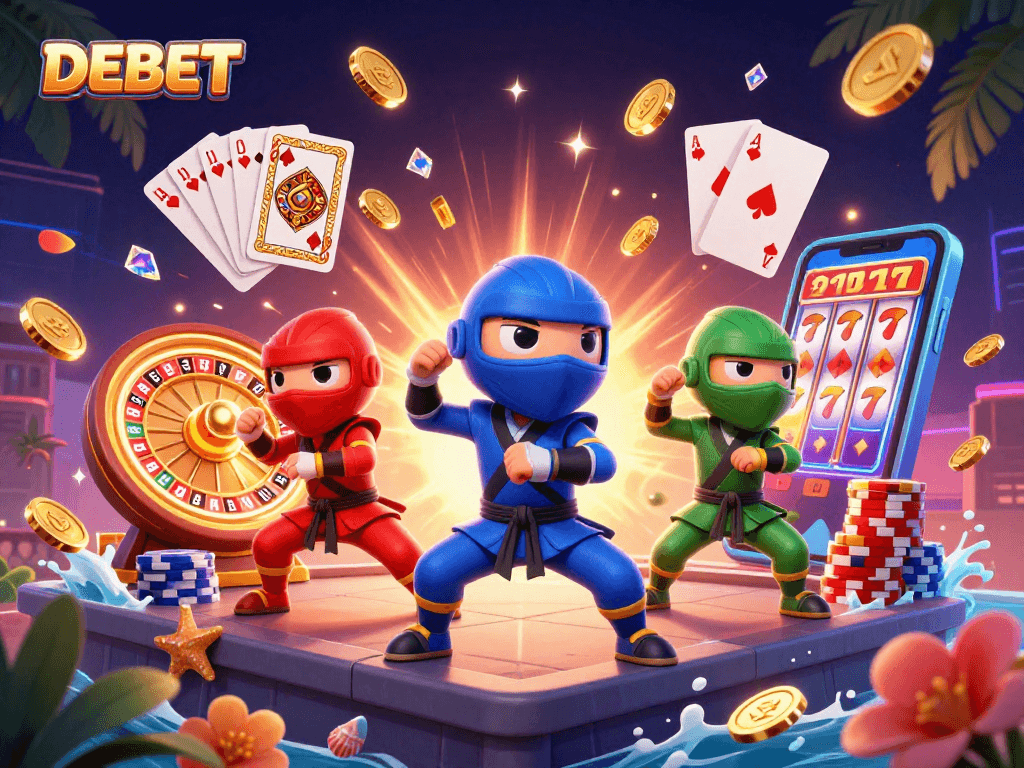 Experience DEBET with a vibrant scene of ninja chameleons amidst casino action and dazzling rewards.