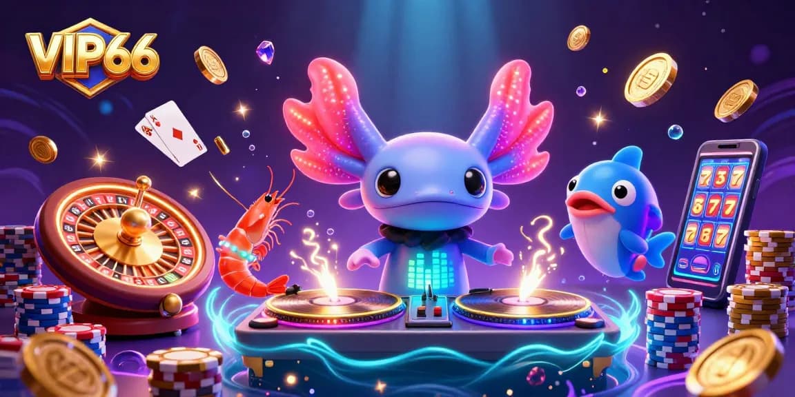 Experience VIP66’s vibrant casino scene with a neon axolotl DJ, golden coins, and lively shrimp.