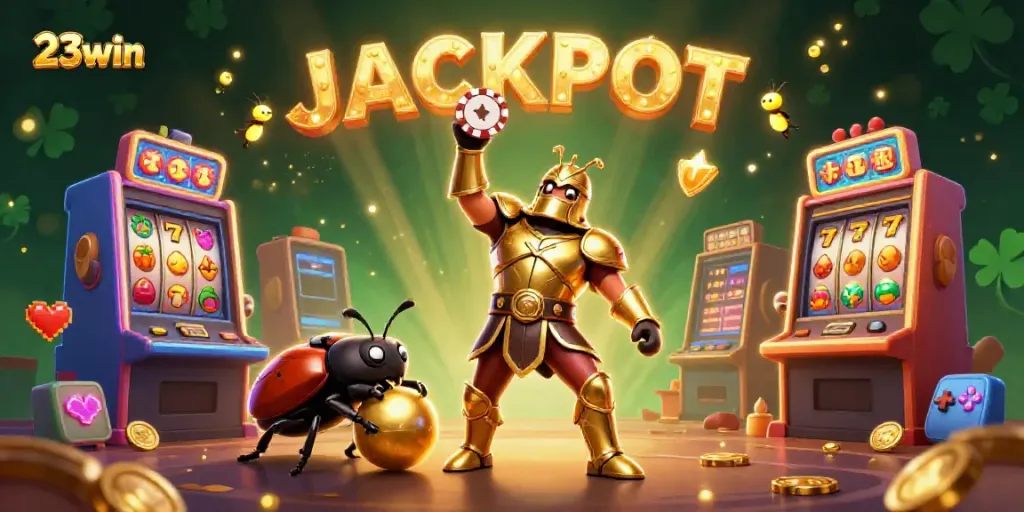 Engage with exhilarating wins at 23win with a vibrant casino-themed illustration featuring epic gaming elements.