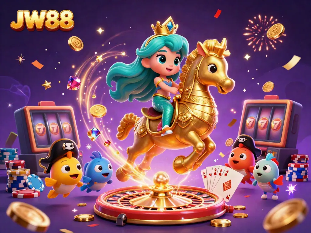 Experience the thrill of JW88 with colorful characters, casino elements, and sparkling treasures.