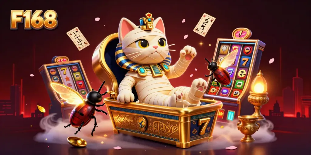 Immerse yourself in F168's vibrant casino with a mummy cat and glowing scarab, surrounded by jackpots.