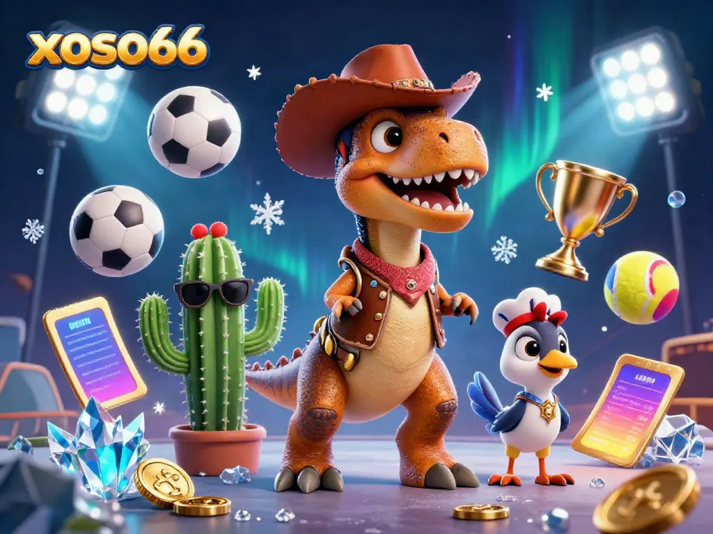 Experience the excitement of xoso66 with lively 3D characters, dynamic sports elements, and a vibrant casino theme.