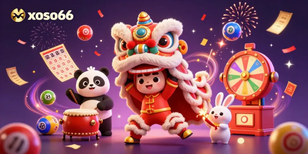Experience excitement at xoso66 with a dynamic scene of a lion dance, lottery elements, and vibrant colors.