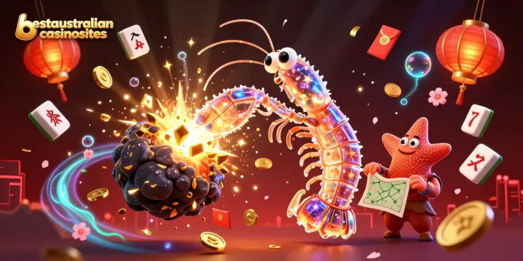 Experience thrilling Bitcoin gambling at bestaustraliancasinosites with vibrant casino elements and characters.