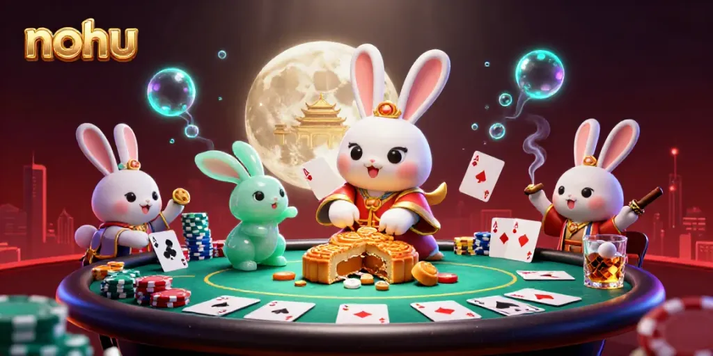 Experience nohu gameplay magic with a moon rabbit creating poker chips from mooncakes in a vibrant casino scene.