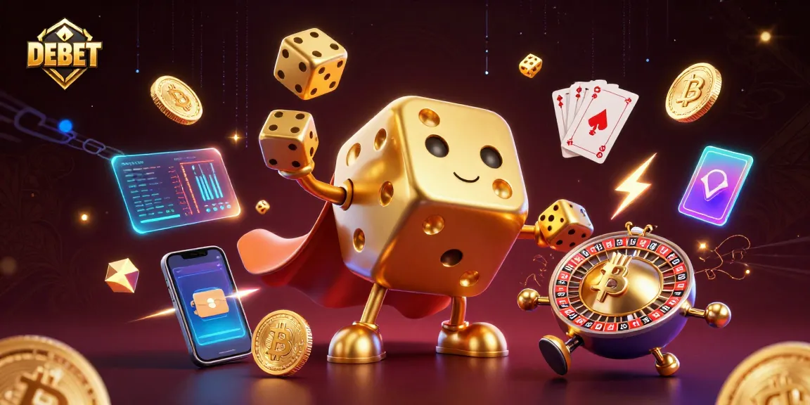 Engage with DEBET's vibrant 3D casino scene featuring animated golden dice and crypto elements.