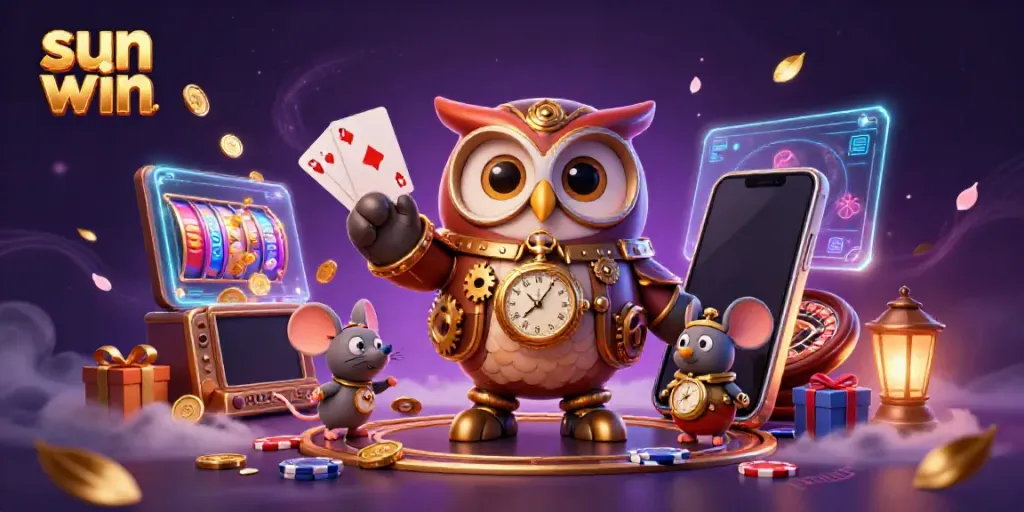 Experience thrilling gameplay at sun win with a lively scene featuring a steampunk owl, slot game, and dancing coins.