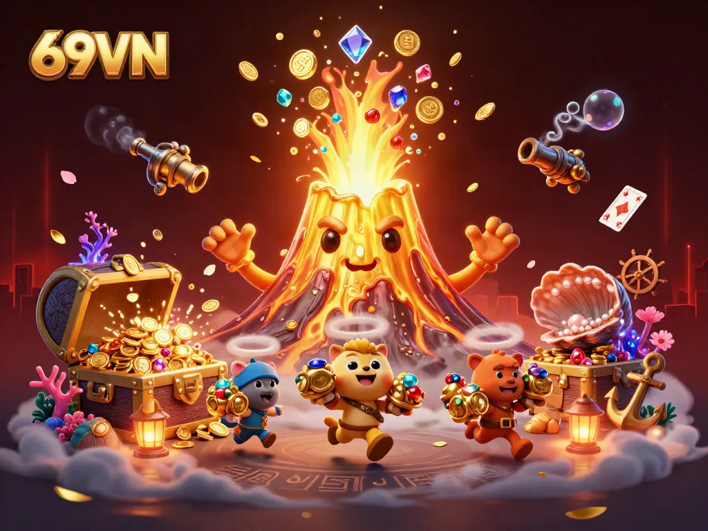 Experience the thrill of 69VN with a golden volcano erupting coins in this vibrant casino illustration.