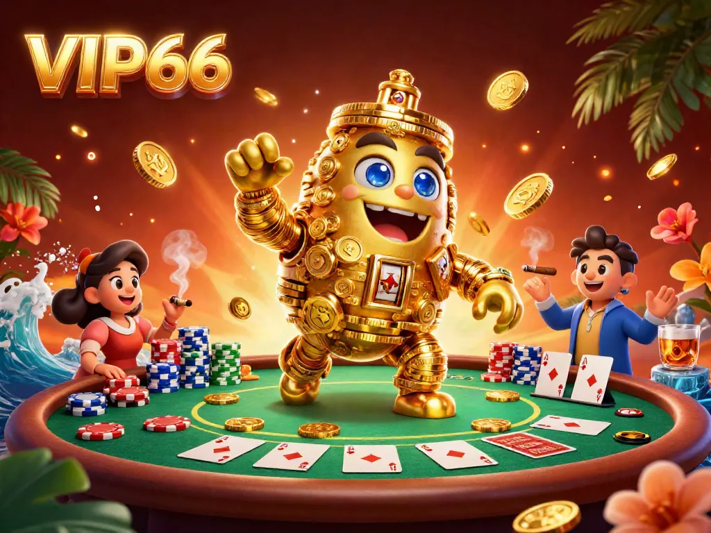 Experience VIP66 with a vibrant casino scene featuring a gold golem and poker elements.