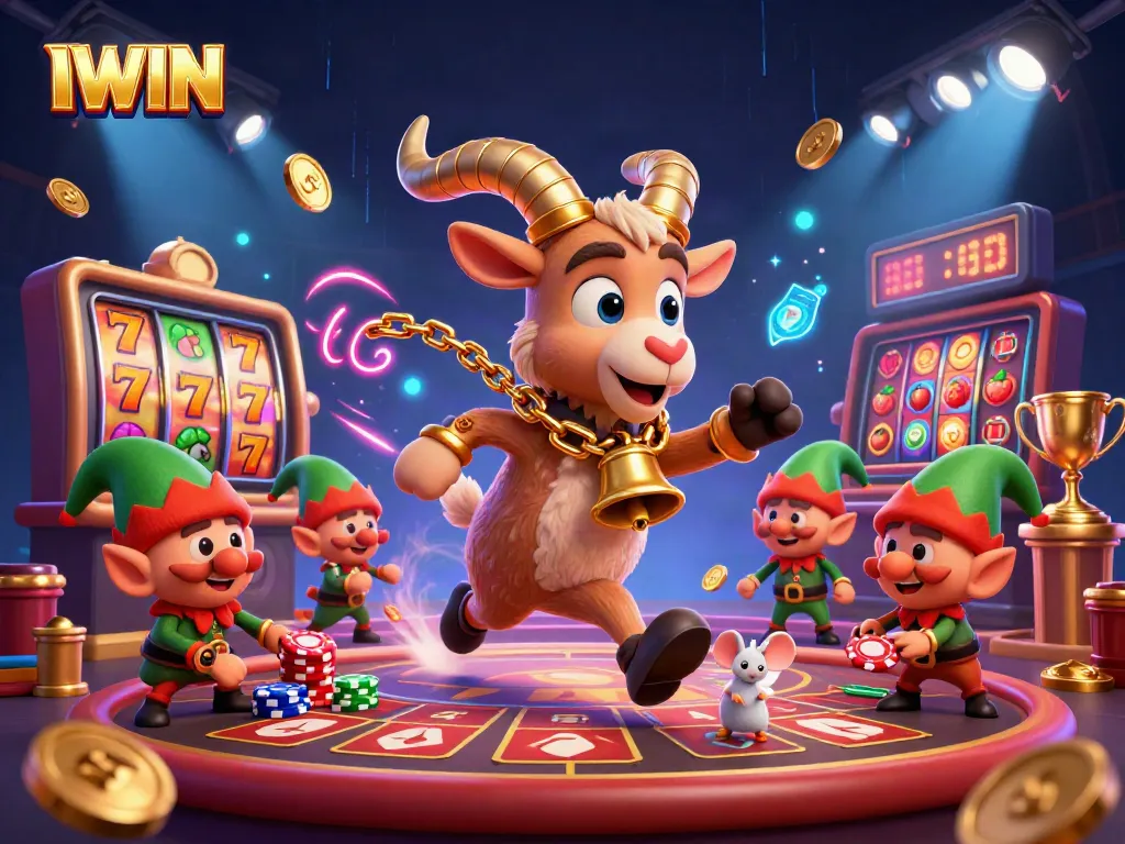 IWIN engages players at a vibrant casino illustrated with Krampus and festive elements, showcasing slot machines and dynamic visuals.
