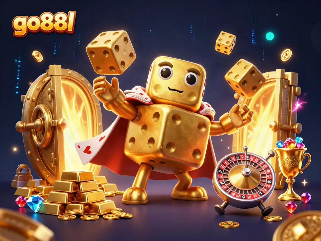 Engage thrilling gameplay with go88l's dynamic casino illustration showcasing golden dice and treasures.