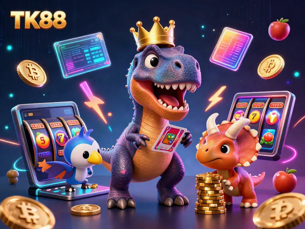 Engage in thrilling TK88 casino action with a T-Rex card dealer and neon cryptocurrency elements.
