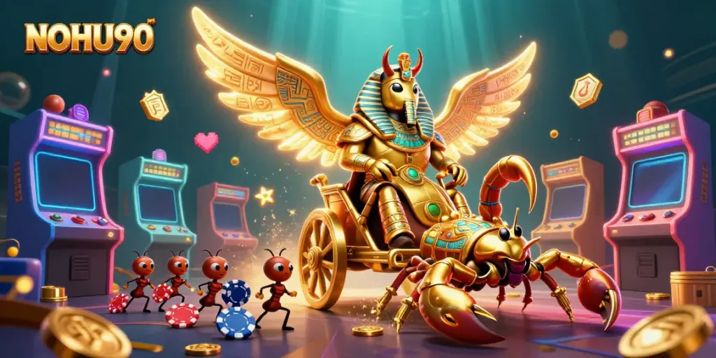 Engage with NOHU90's vibrant casino adventure featuring golden beetles, scorpions, and arcade elements.