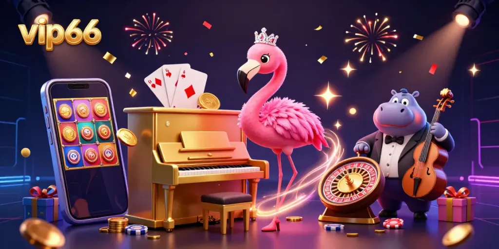 Experience thrilling gameplay at vip66 with vibrant characters and casino elements celebrating together.
