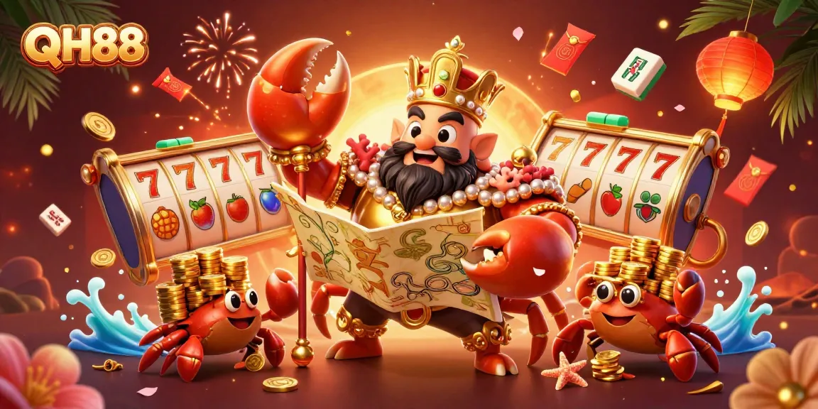 Experience the thrill of QH88 with a vivid 3D casino scene featuring a golden crab emperor and plenty of gaming elements.