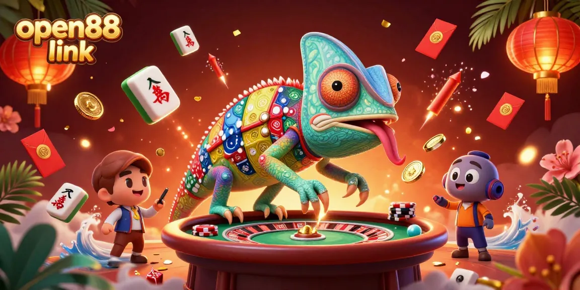 Brightly colored open88 link illustration with chameleonic casino owner and dynamic gambling elements.