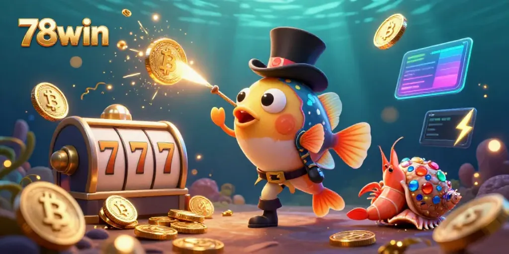 Experience the thrill of 78win with a dynamic casino-themed underwater illustration featuring an anglerfish, pirate shrimp, and treasure snail.