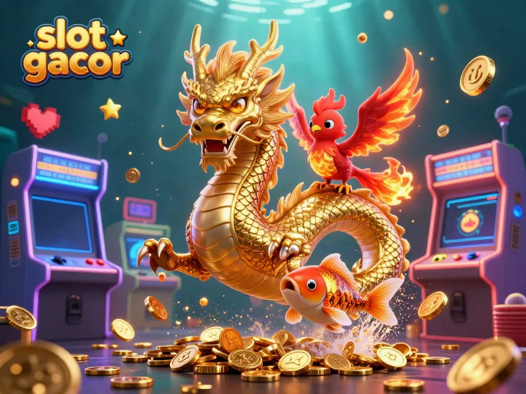 Engage with slot gacor action featuring golden dragon, phoenix, and koi fish amid casino-themed elements.