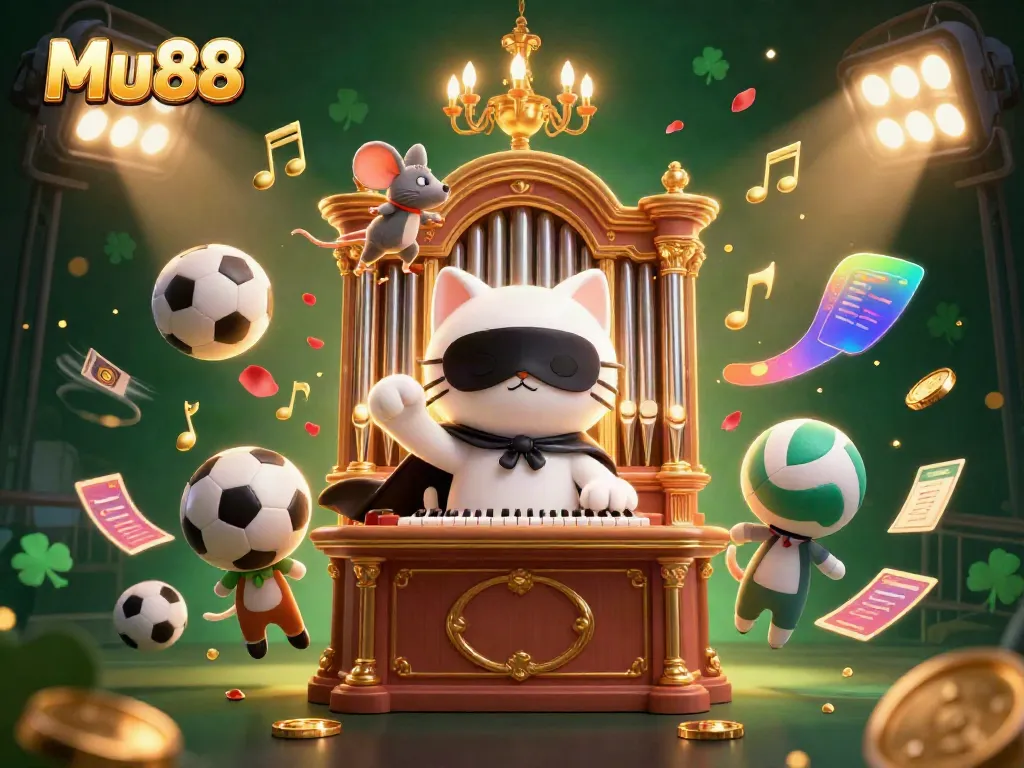 Mu88 casino scene with a white cat hero at an organ, sports elements in vibrant motion.