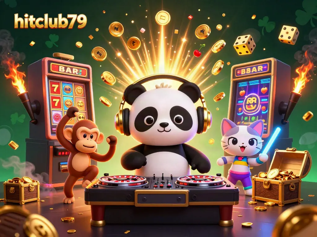 Experience the thrill of gaming at hitclub79 with a lively casino scene featuring a DJ panda and colorful characters.