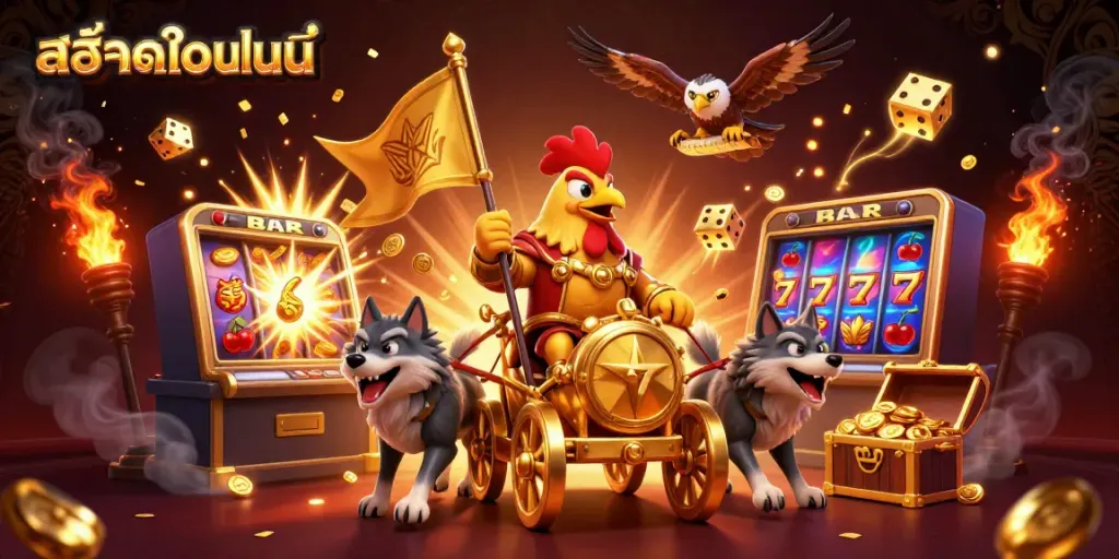 Experience thrilling gameplay with สล็อตออนไลน์ as the rooster warlord leads the golden chariot amidst a jackpot explosion.