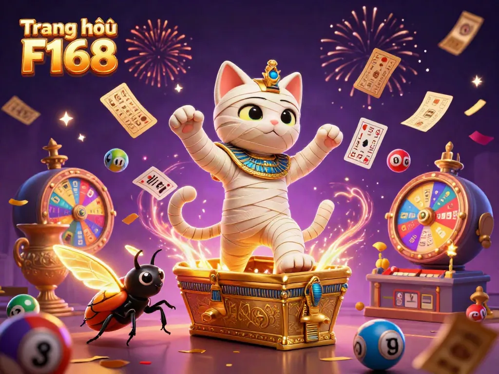 Experience thrilling excitement on Trang chủ F168 with a vibrant 3D illustration of an Egyptian mummy cat and dynamic casino elements.