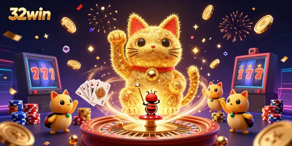 Experience the excitement of 32win with a dynamic golden lucky cat and casino symbols