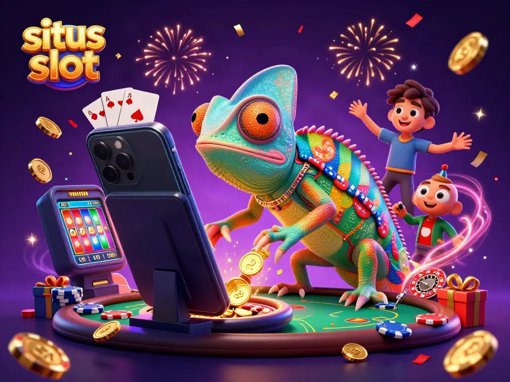 Engage in exciting situs slot adventures with a vibrant casino-themed 3D illustration showcasing colorful scenes.