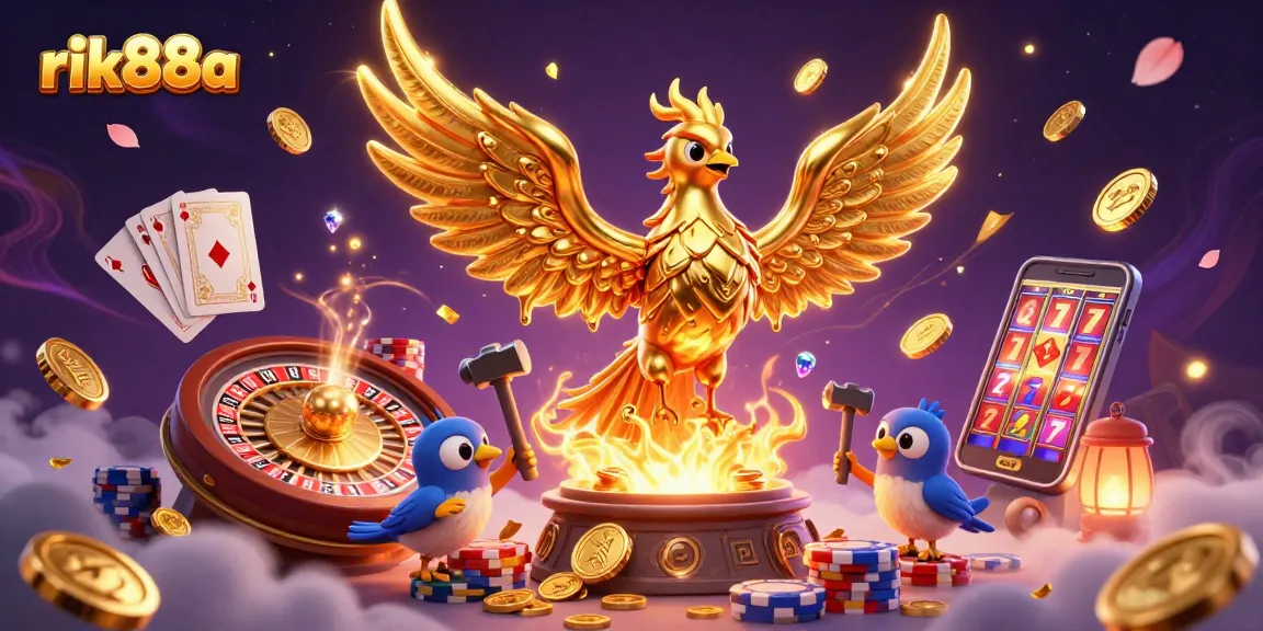Play exciting games at rik88a with gold coins and vibrant 3D illustrations of casino elements.