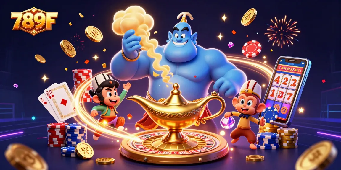 Engage in thrilling casino games with 789F, where a genie grants exciting wins amid dazzling treasures.