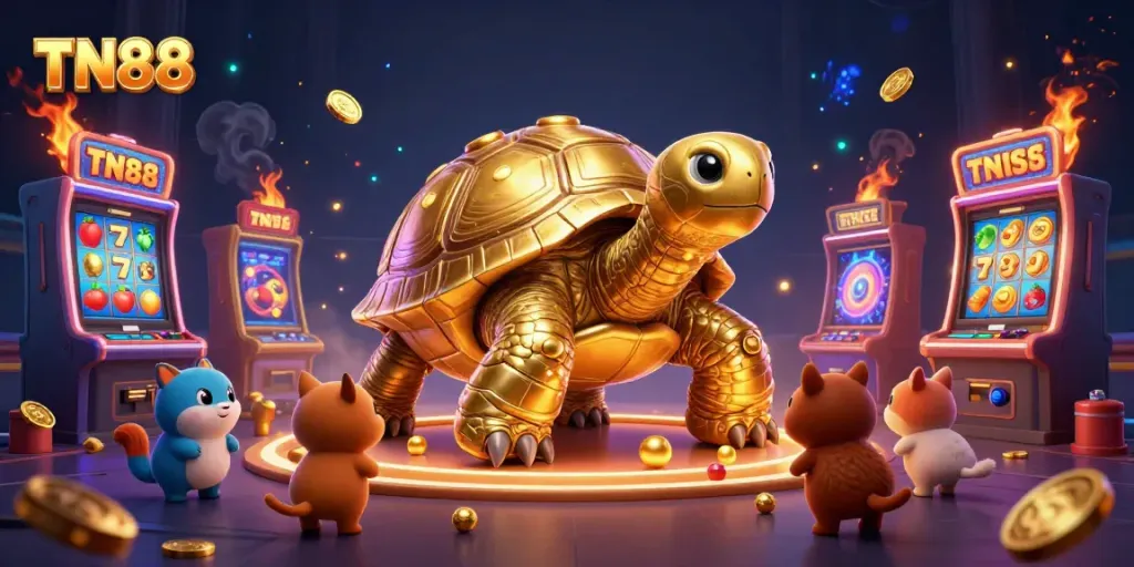 Engage in thrilling TN88 slot action with a vibrant casino scene featuring a golden tortoise and exciting game elements.
