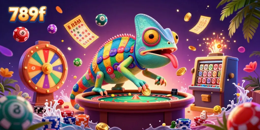 Experience the vibrant world of 789f with a lively chameleon casino owner in a colorful gambling scene.
