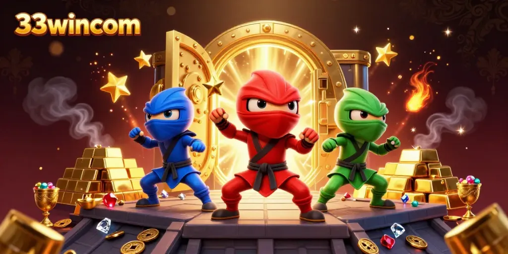 Engage with 33wincom's thrilling ninja chameleon team in a vibrant casino scene filled with treasures.
