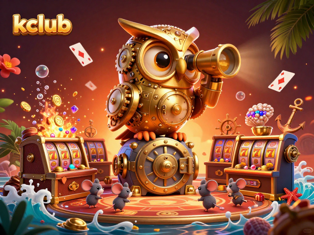 Engage with the vibrant kclub casino experience featuring a clockwork owl overseeing a rich game environment.